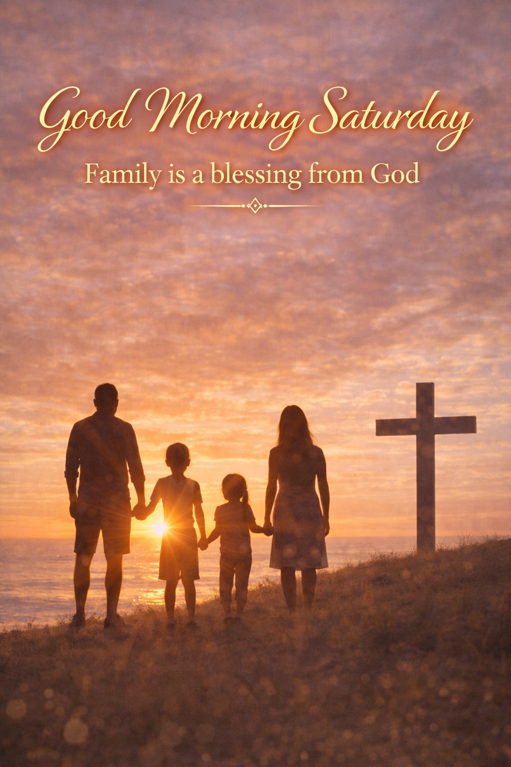 Family silhouette holding hands at sunset on a hill with a cross, "Good Morning Saturday — Family is a blessing from God" in warm gold — WhatsApp family blessing
